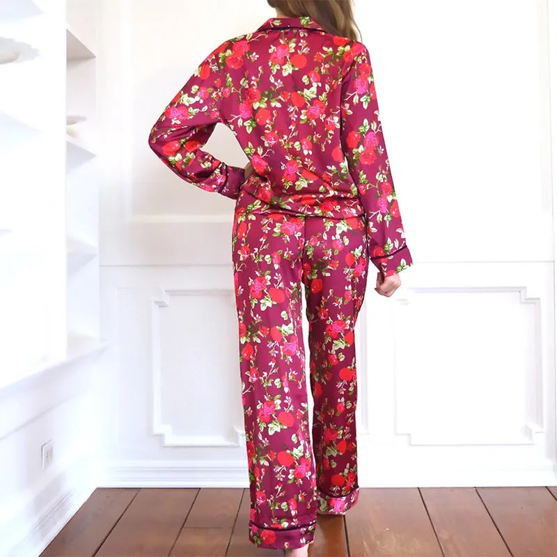 8 OAK LANE | Luxe Satin Ruffle Pant PJ Set - Burgundy Floral