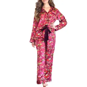 8 OAK LANE | Luxe Satin Ruffle Pant PJ Set - Burgundy Floral