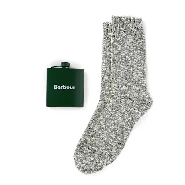 Barbour Hip Flask and Sock Gift Set Green