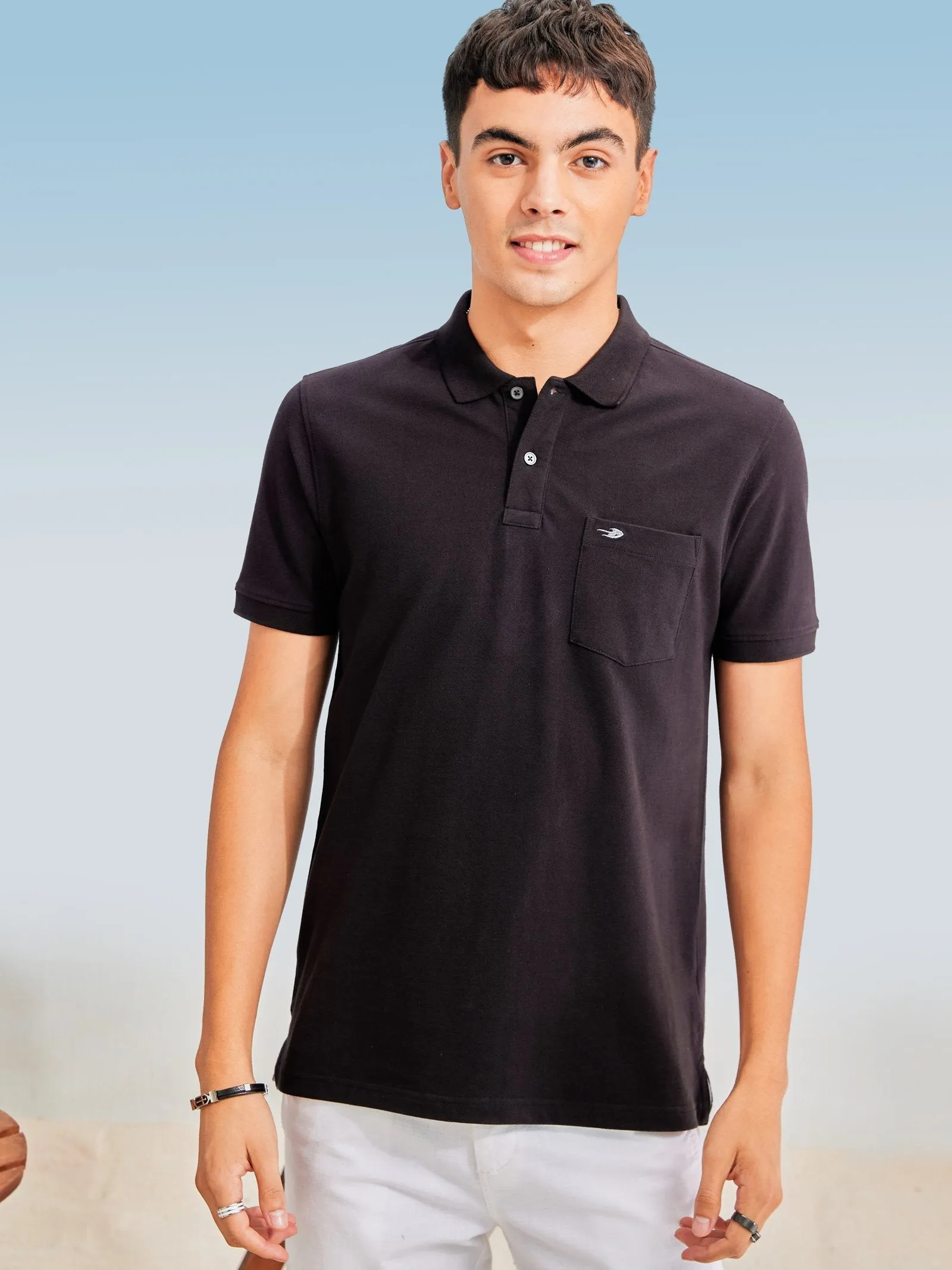 Black Solid Stretch Polo T-Shirt