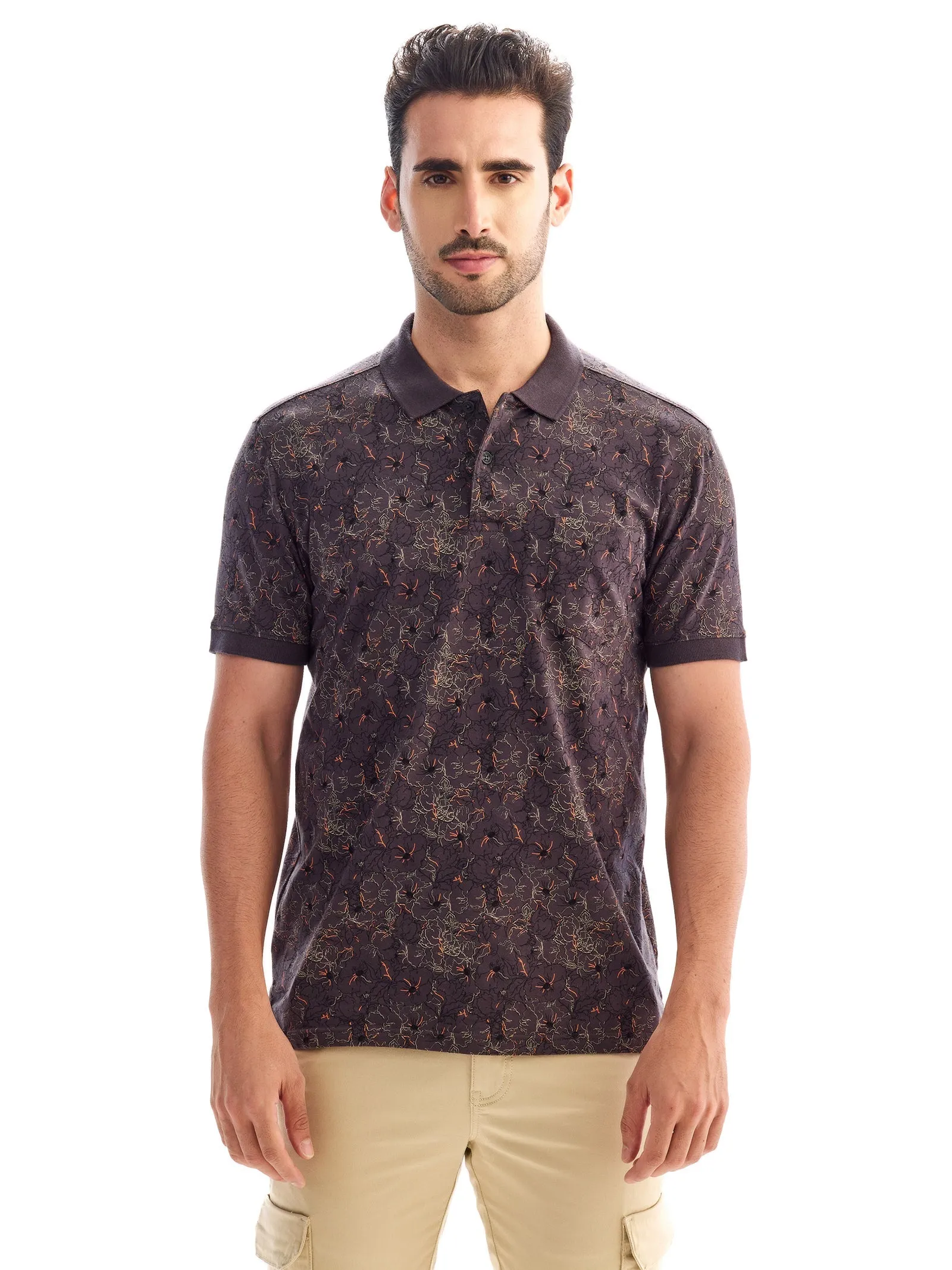 Brown Printed Polo T-Shirt