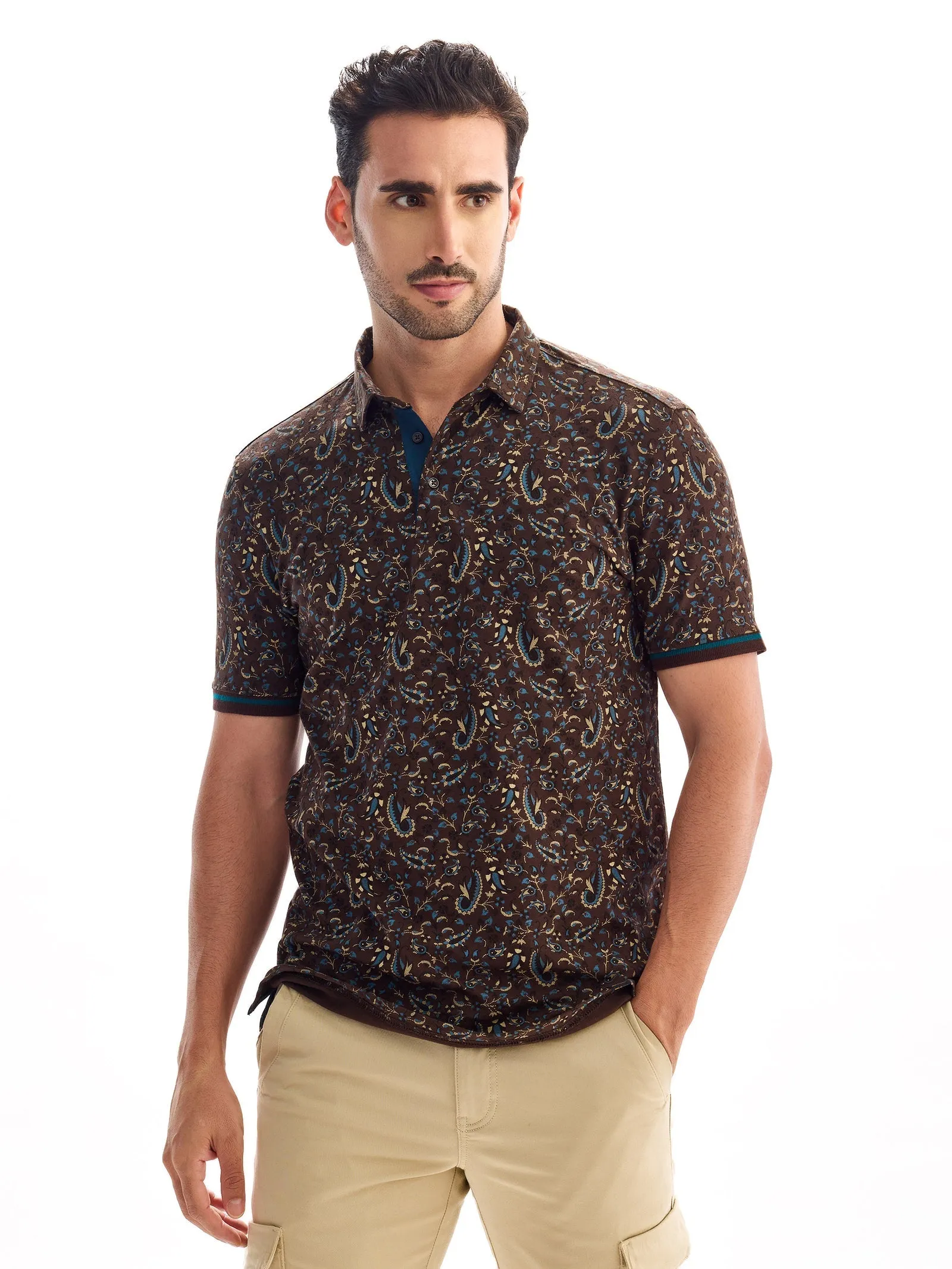 Brown Printed Polo T-Shirt