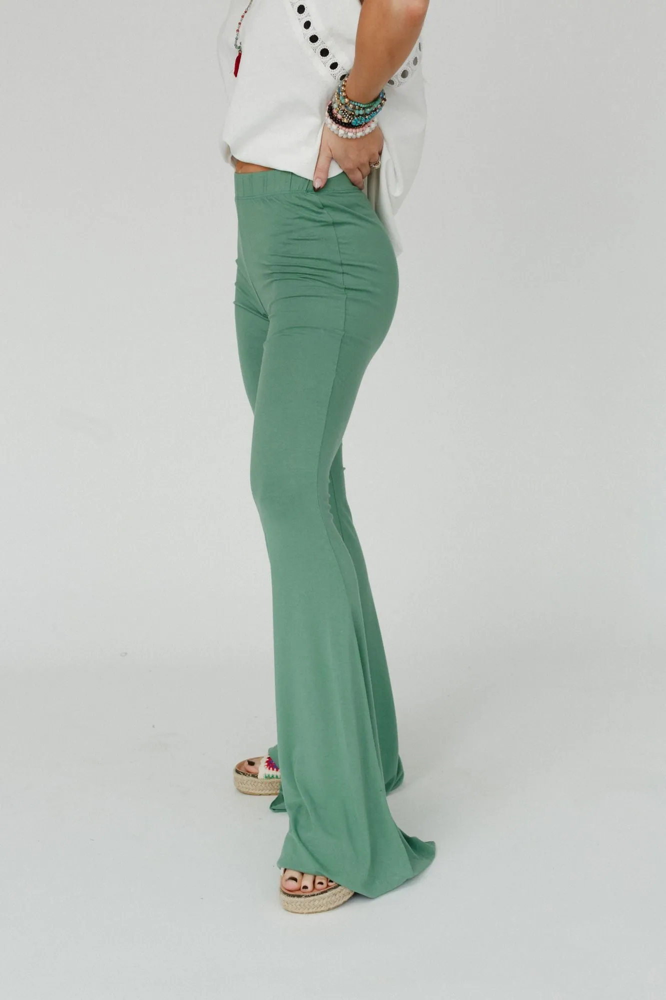 Cher Solid Raw Edge Flare Pant - Sage