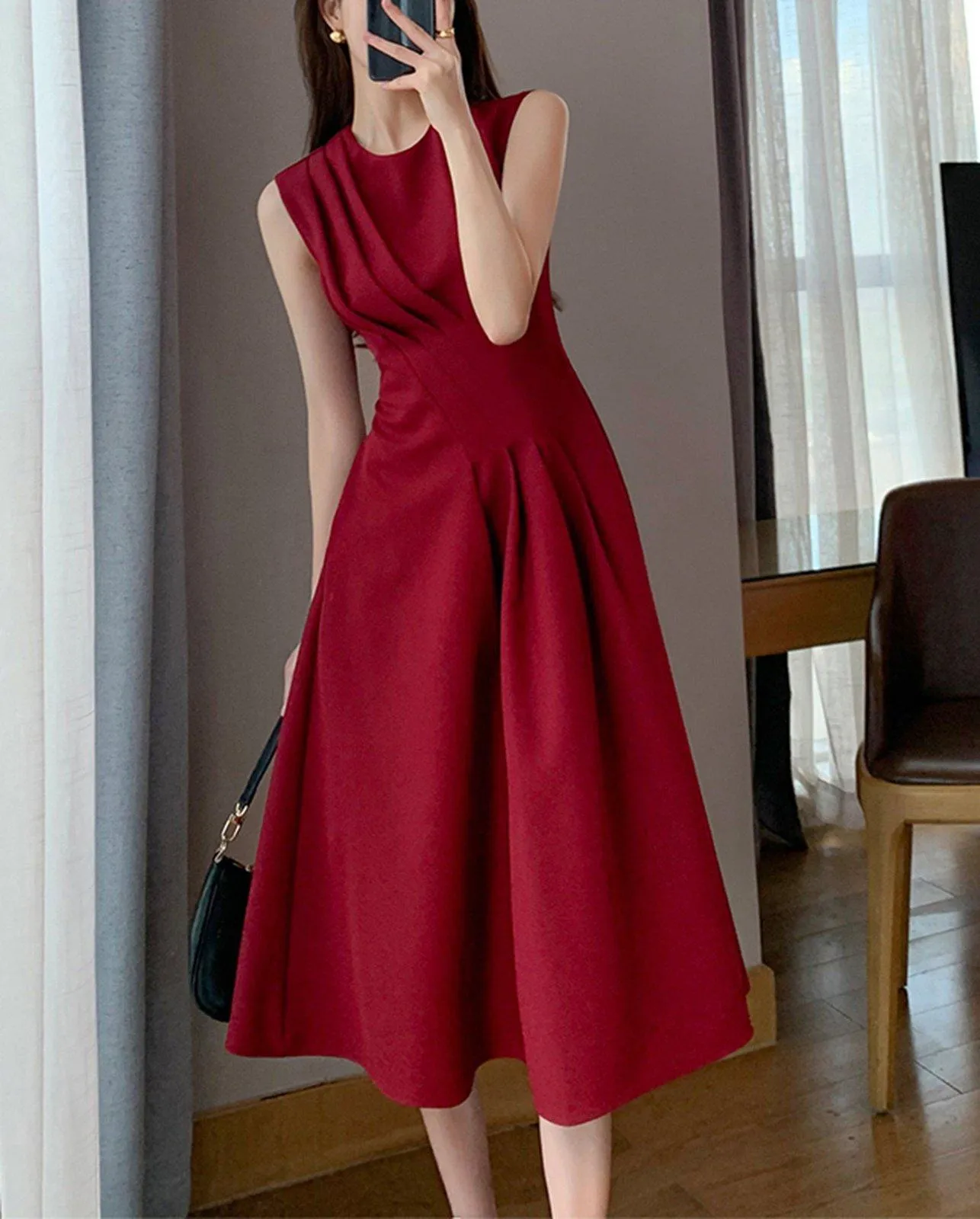 Claret Sleeveless High Waist Fit & Flare Midi Dress