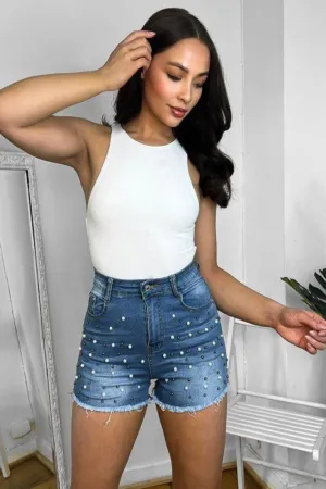 Cotton Blend Pearls Embellished Denim Shorts