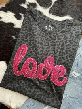 {CUTE   CURSIVE} Pink Sequins Black Leopard Crew Neck Tee