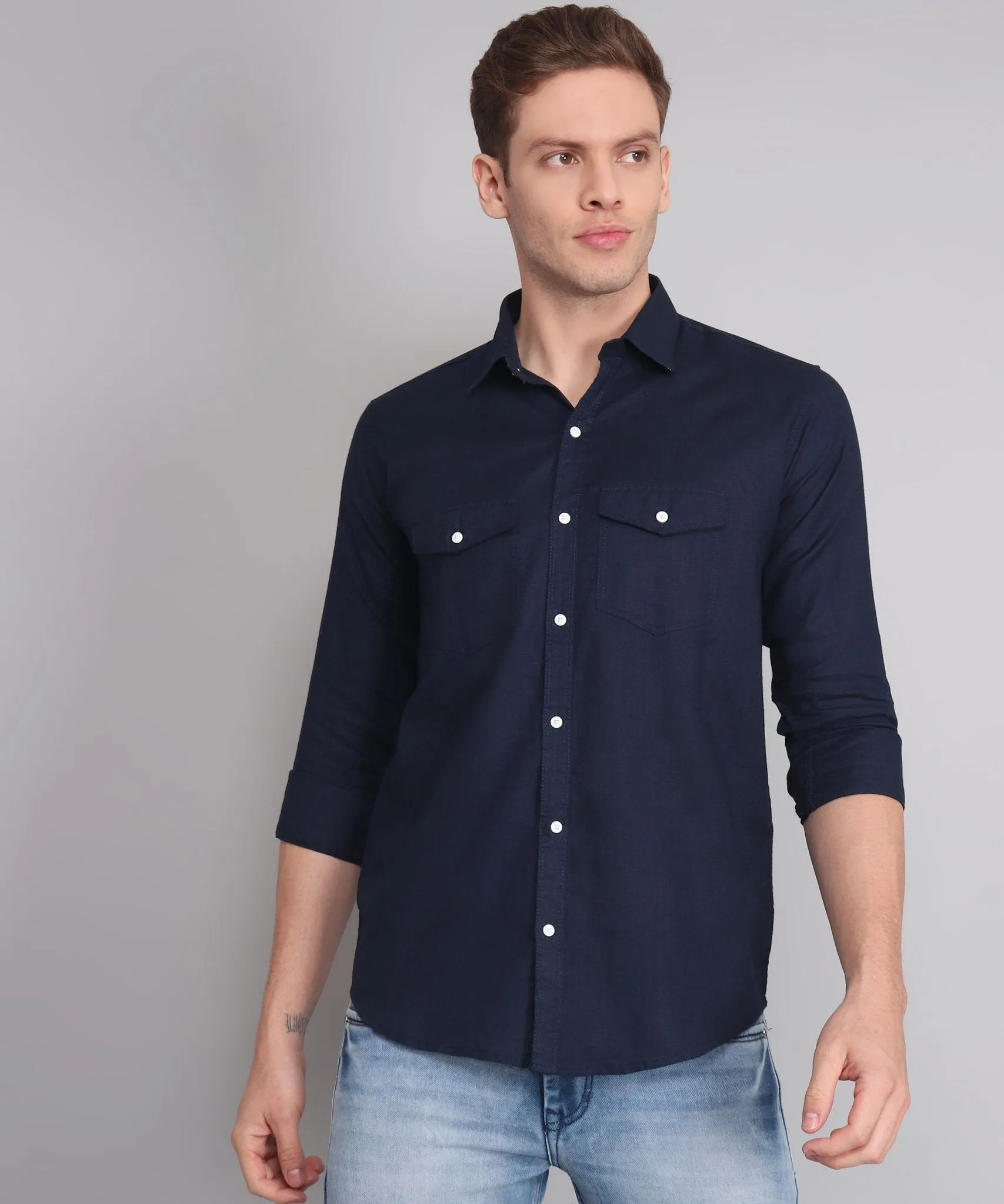 Elite Men's Designer TryBuy Premium Navy Blue Solid Cotton Linen Button-Up Shirt For Men