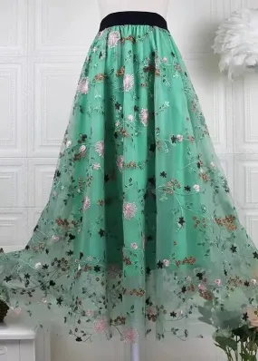 Handmade Green Embroidered Elastic Waist Tulle Skirts Spring HA1014