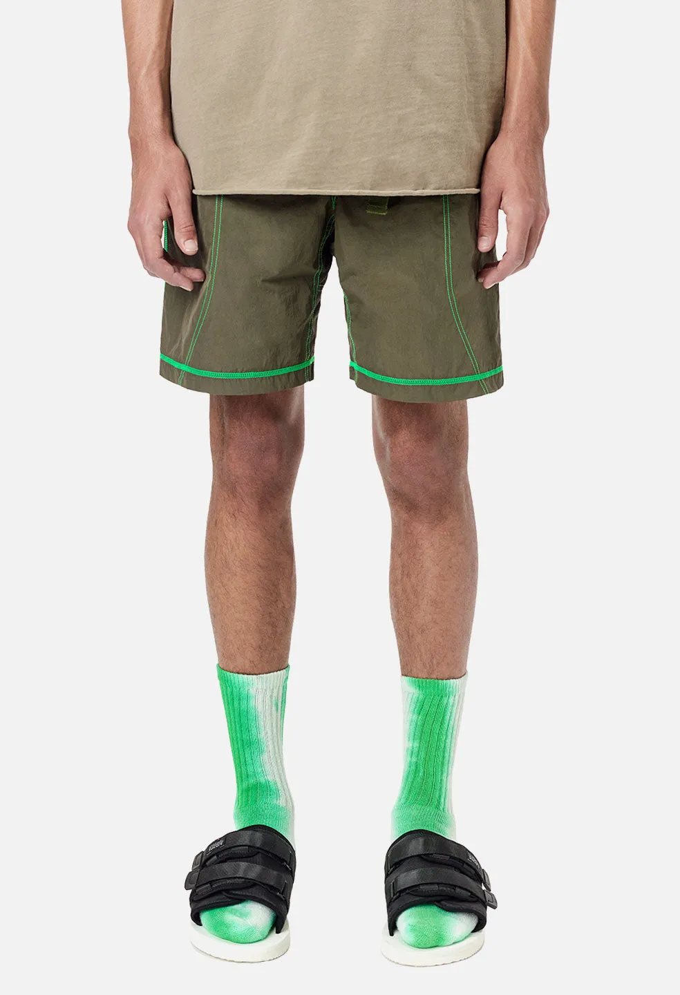 High Shrunk Nylon Mountain Shorts / Olive X Neon Green