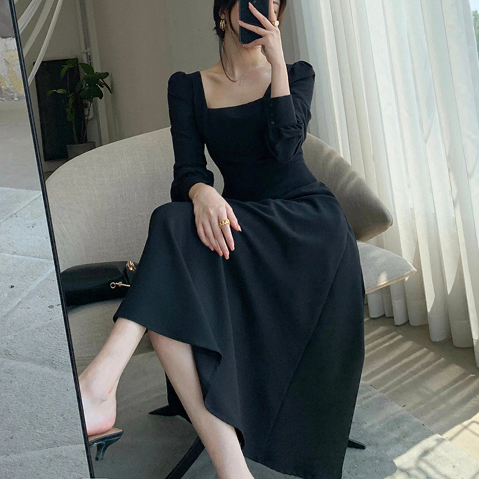 Long Sleeve Square Neck Fit & Flare Midi Dress