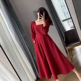 Long Sleeve Square Neck Fit & Flare Midi Dress