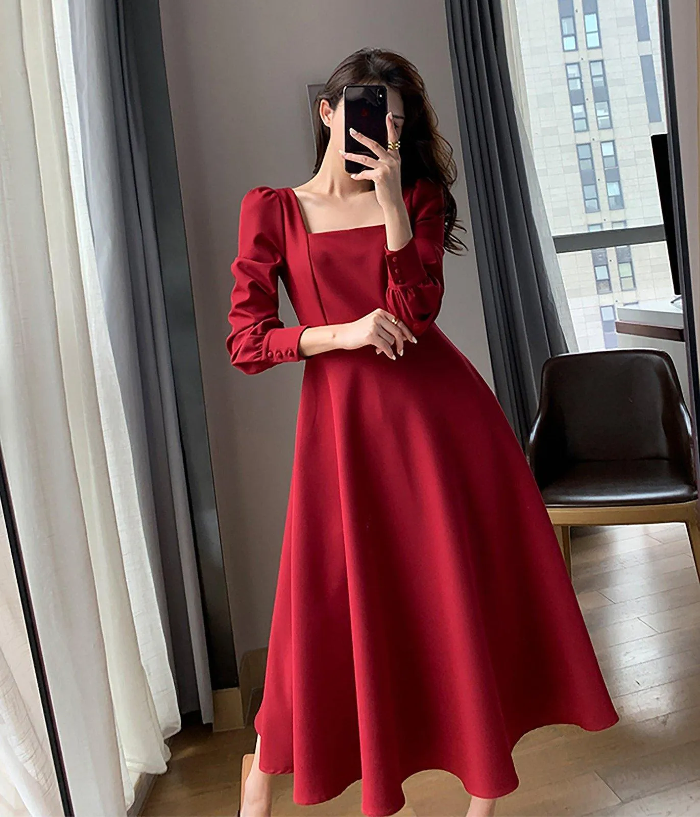 Long Sleeve Square Neck Fit & Flare Midi Dress