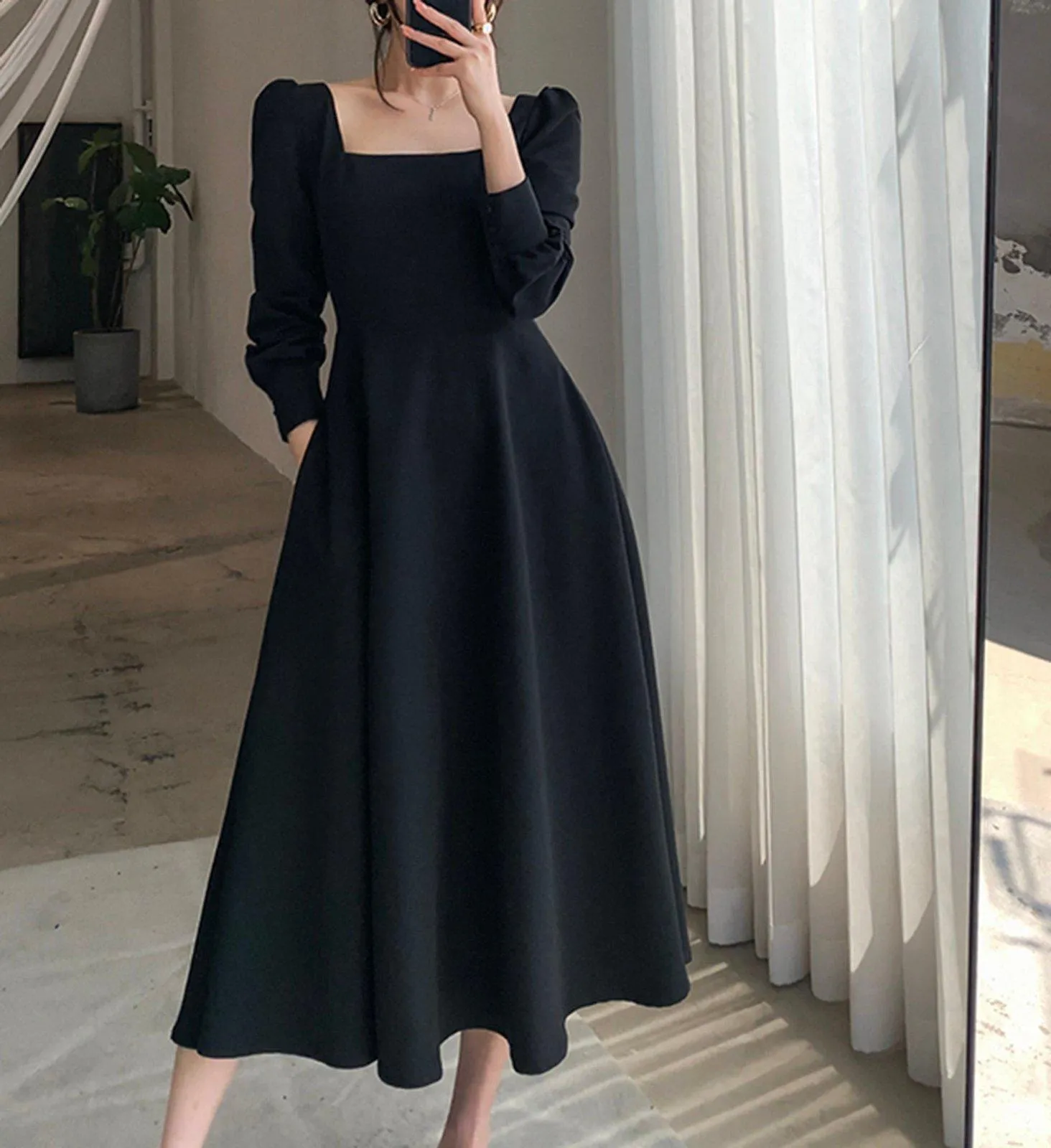 Long Sleeve Square Neck Fit & Flare Midi Dress