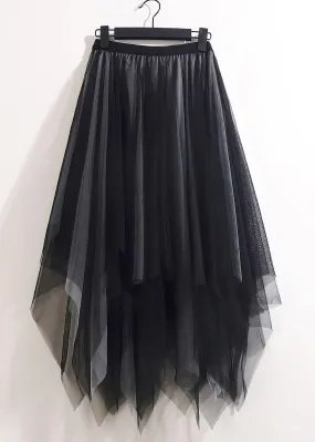 Loose Black Grey Asymmetrical Wrinkled Tulle Skirts Summer AS1061