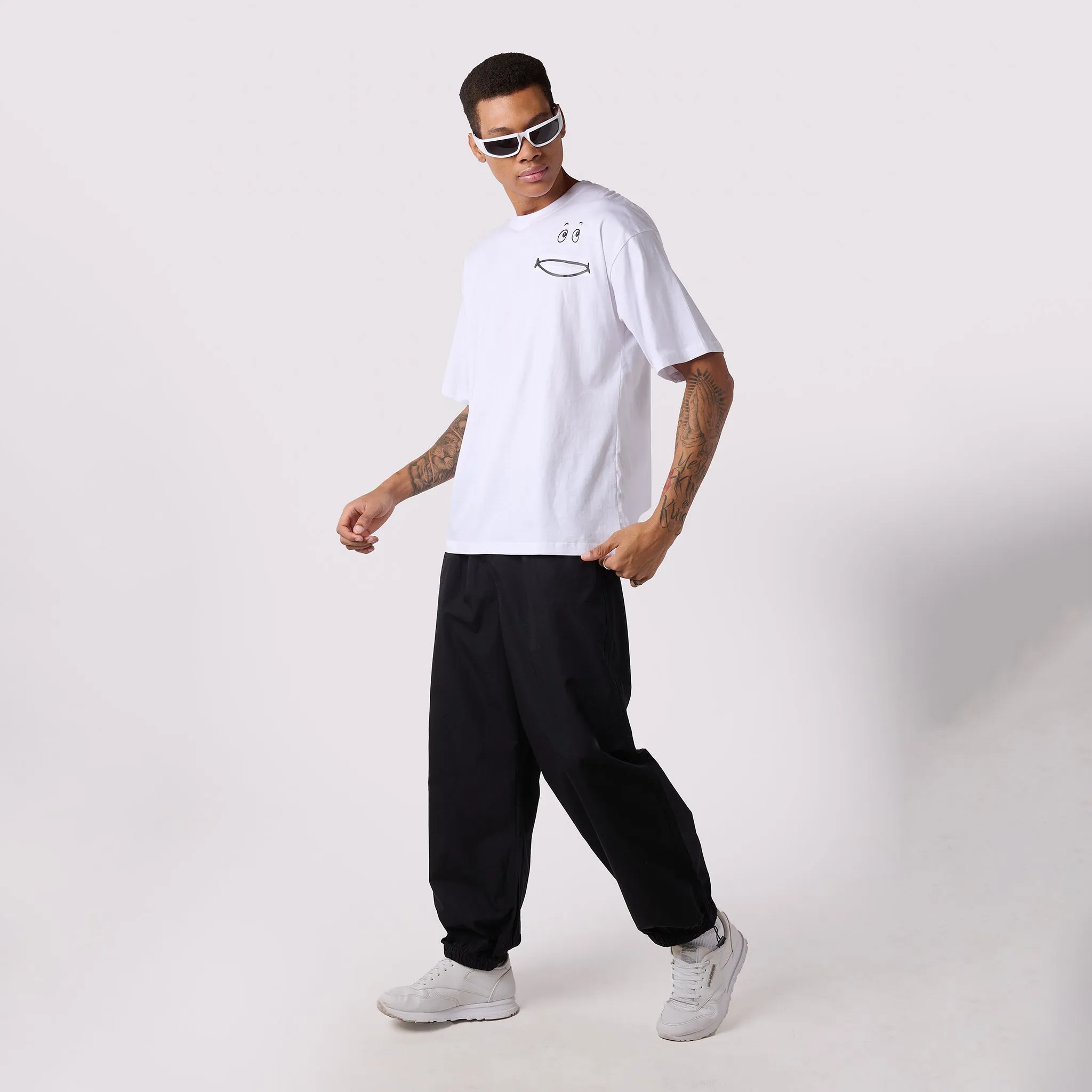 Men's Black Parachute Pants & White Oversized T-Shirt