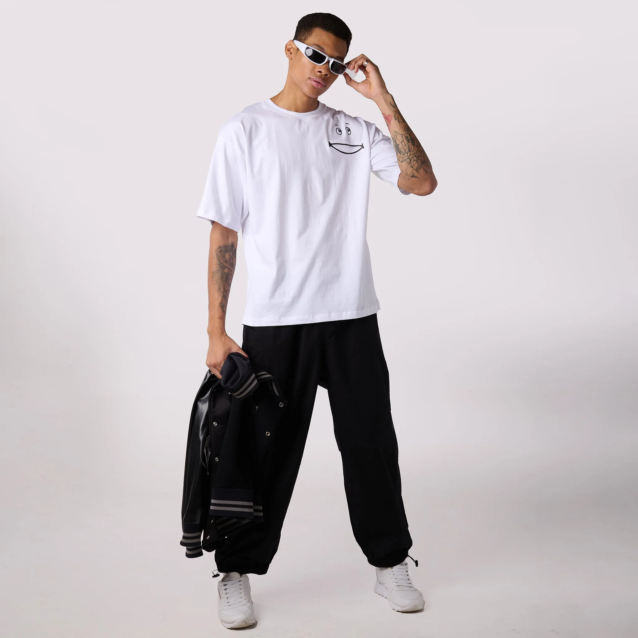 Men's Black Parachute Pants & White Oversized T-Shirt