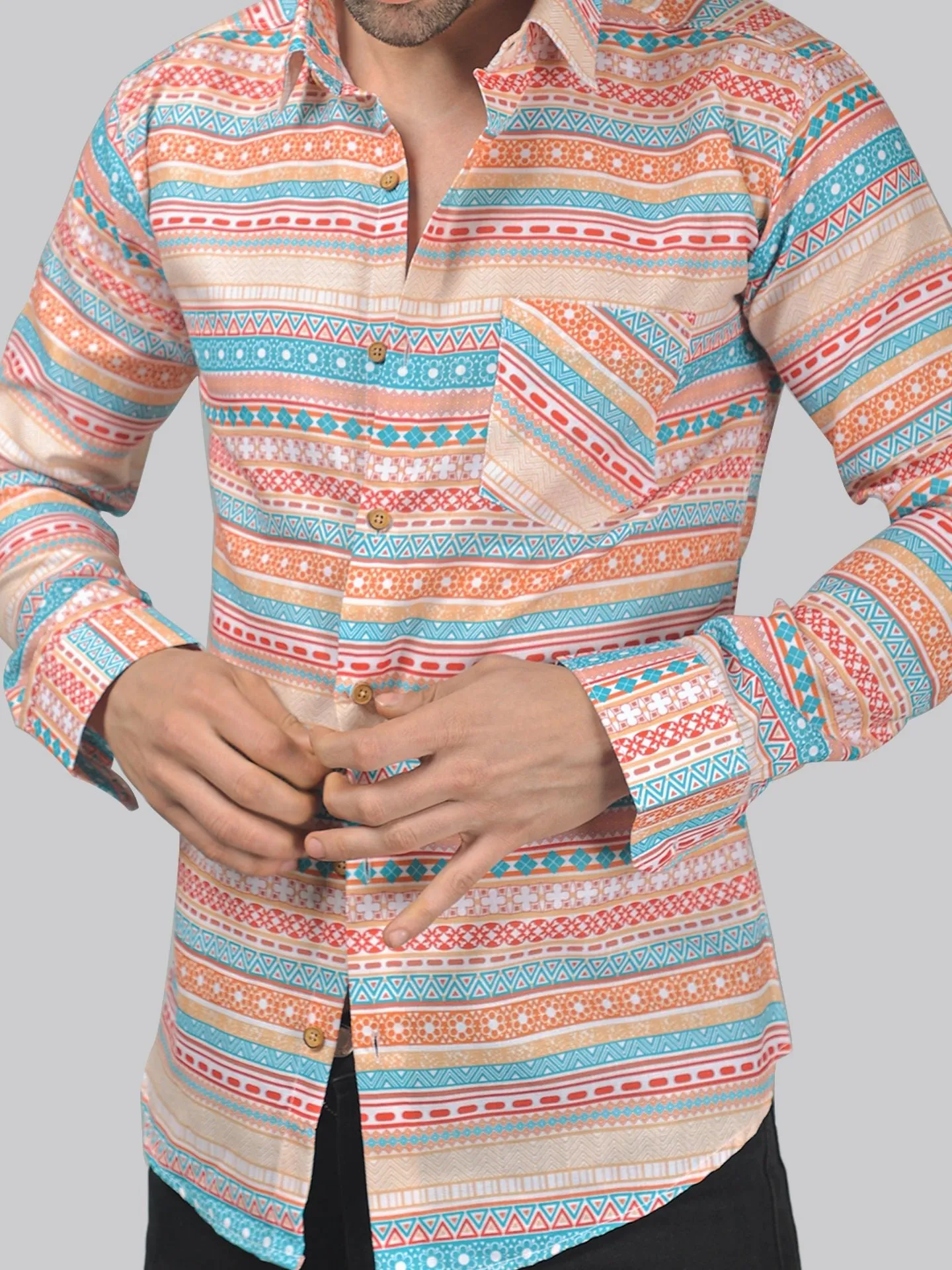 Minimalist Men's Printed Full Sleeve Cotton Button-Up Shirt For Men