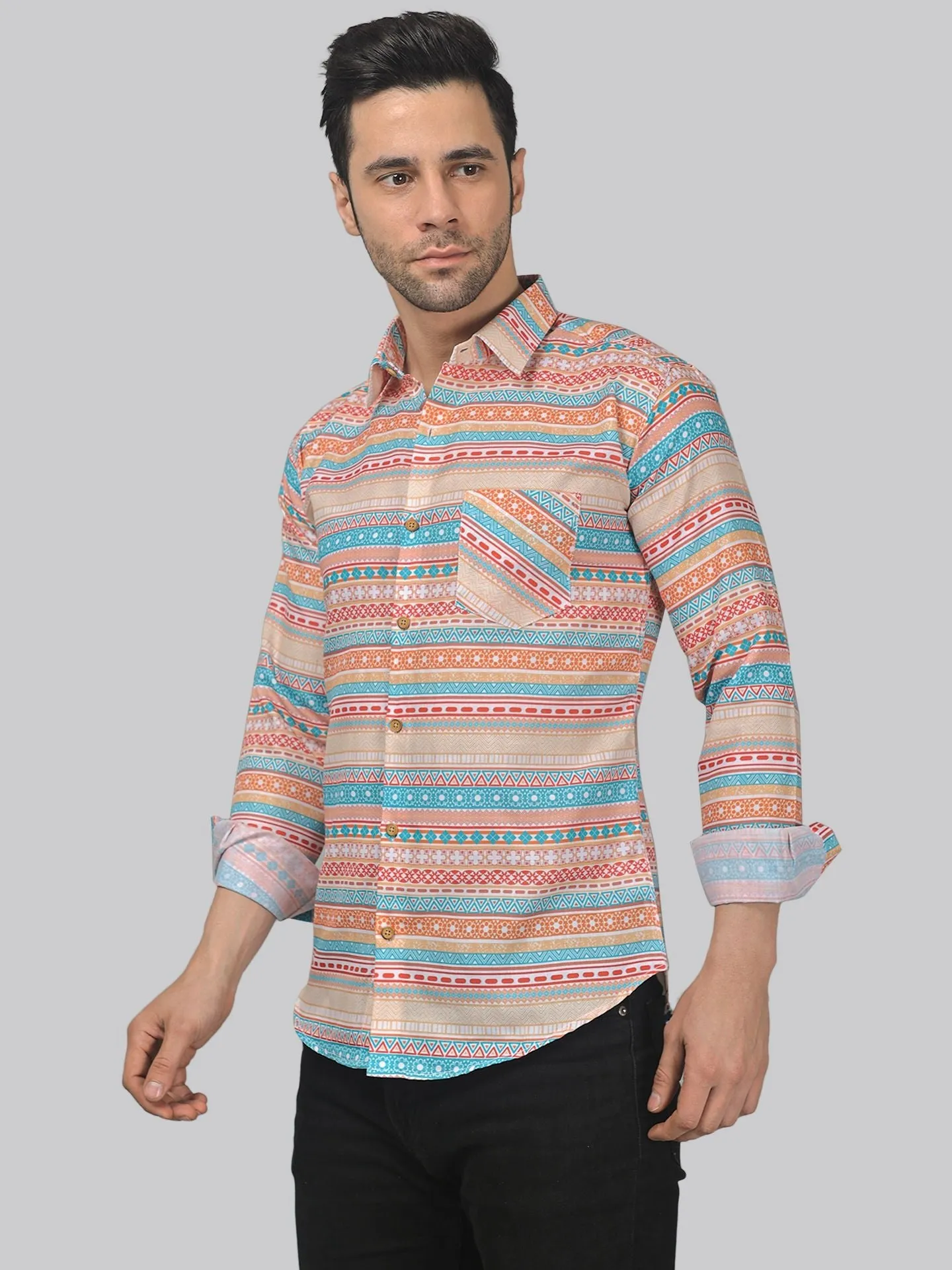 Minimalist Men's Printed Full Sleeve Cotton Button-Up Shirt For Men