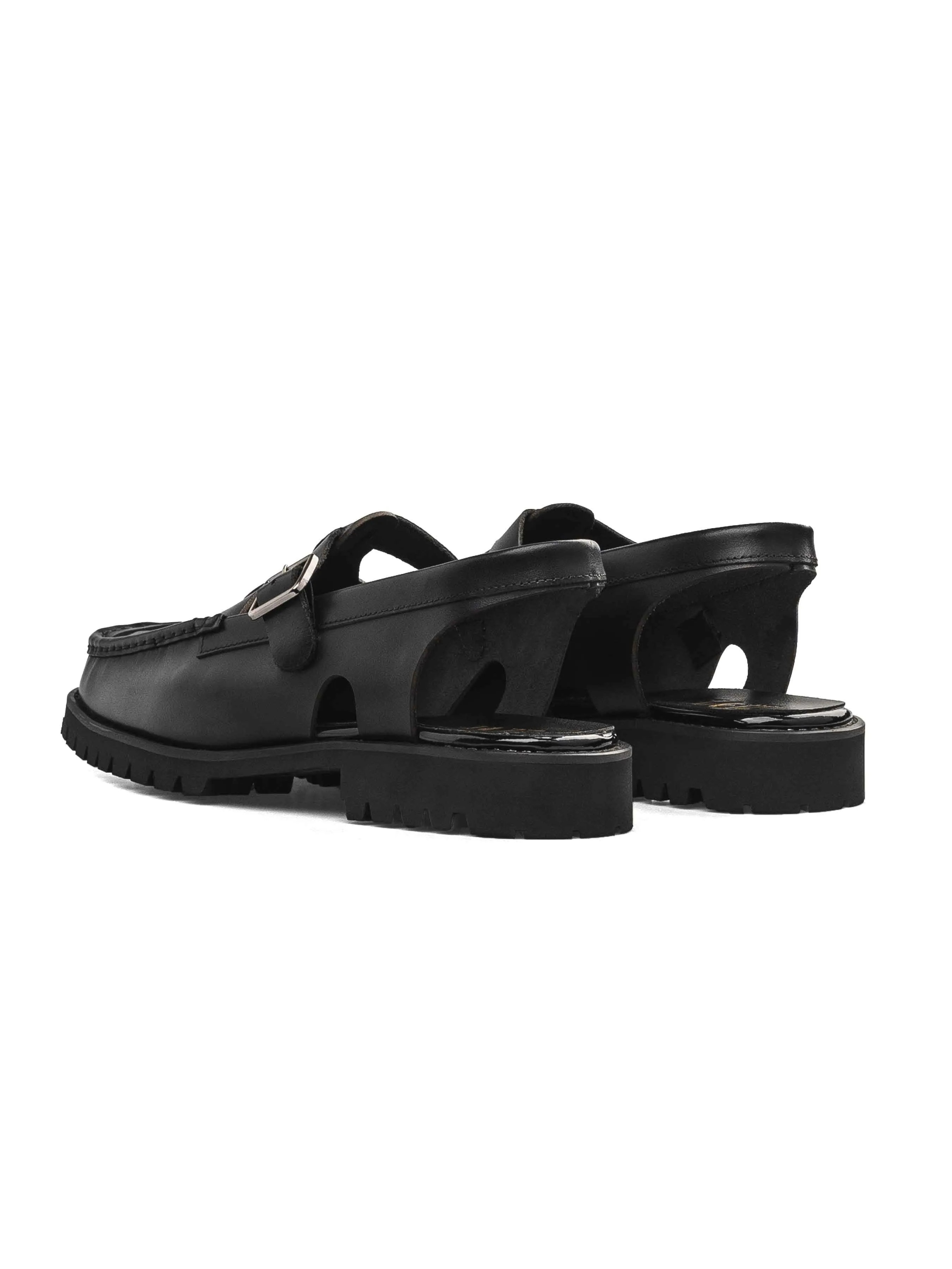 Perry Weave Sandal - Solid Black Leather (Chunky Sole)