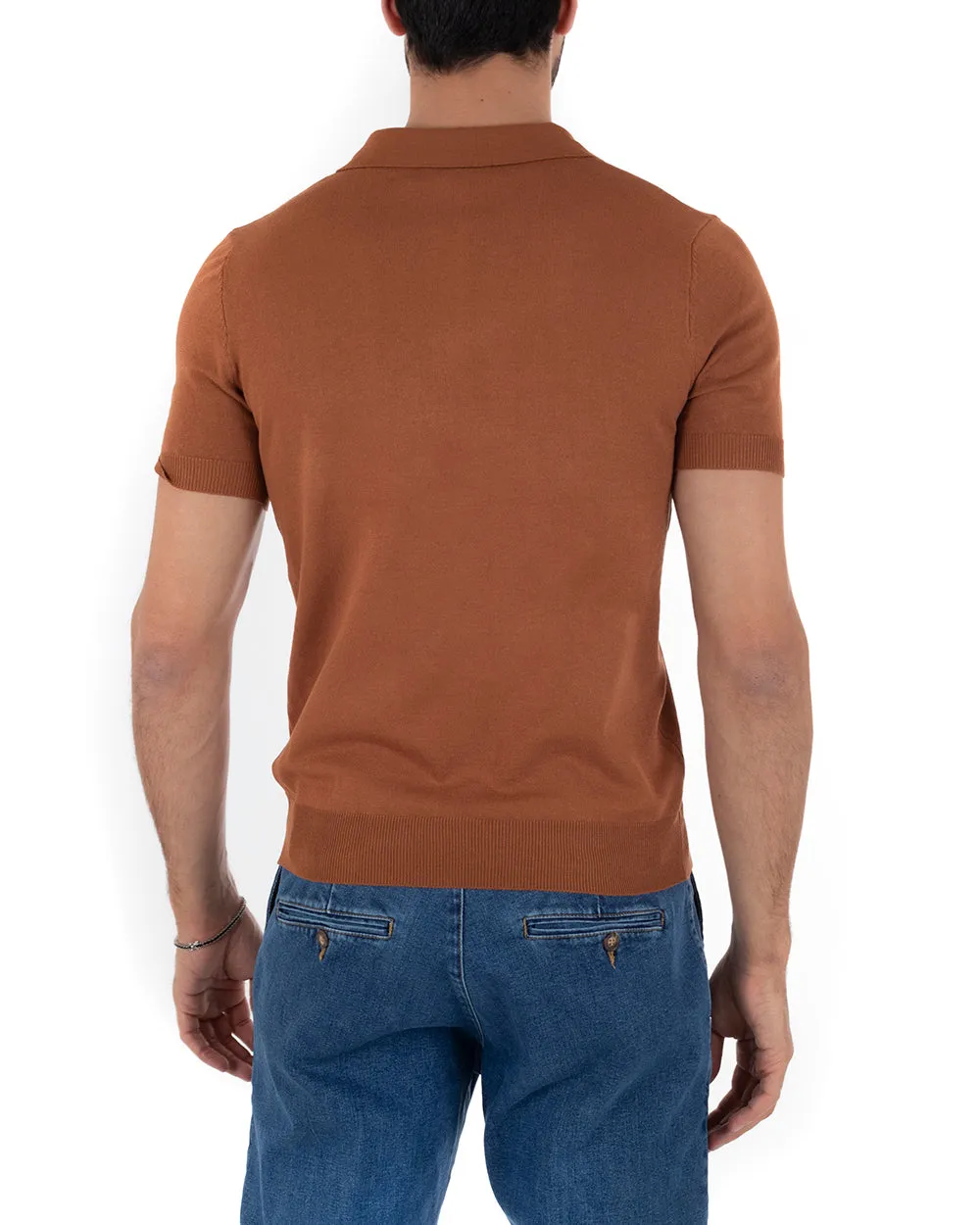 Polo Filo Uomo T-Shirt Manica Corta Con Colletto Bottoni Tinta Unita Ruggine Casual GIOSAL-TS2637A