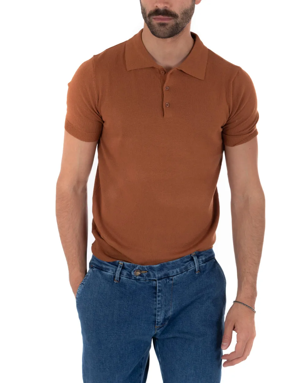 Polo Filo Uomo T-Shirt Manica Corta Con Colletto Bottoni Tinta Unita Ruggine Casual GIOSAL-TS2637A