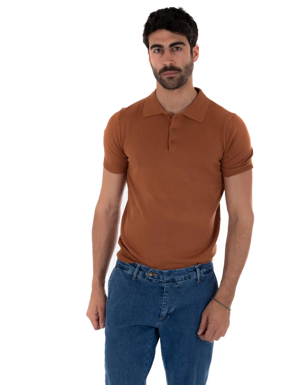 Polo Filo Uomo T-Shirt Manica Corta Con Colletto Bottoni Tinta Unita Ruggine Casual GIOSAL-TS2637A