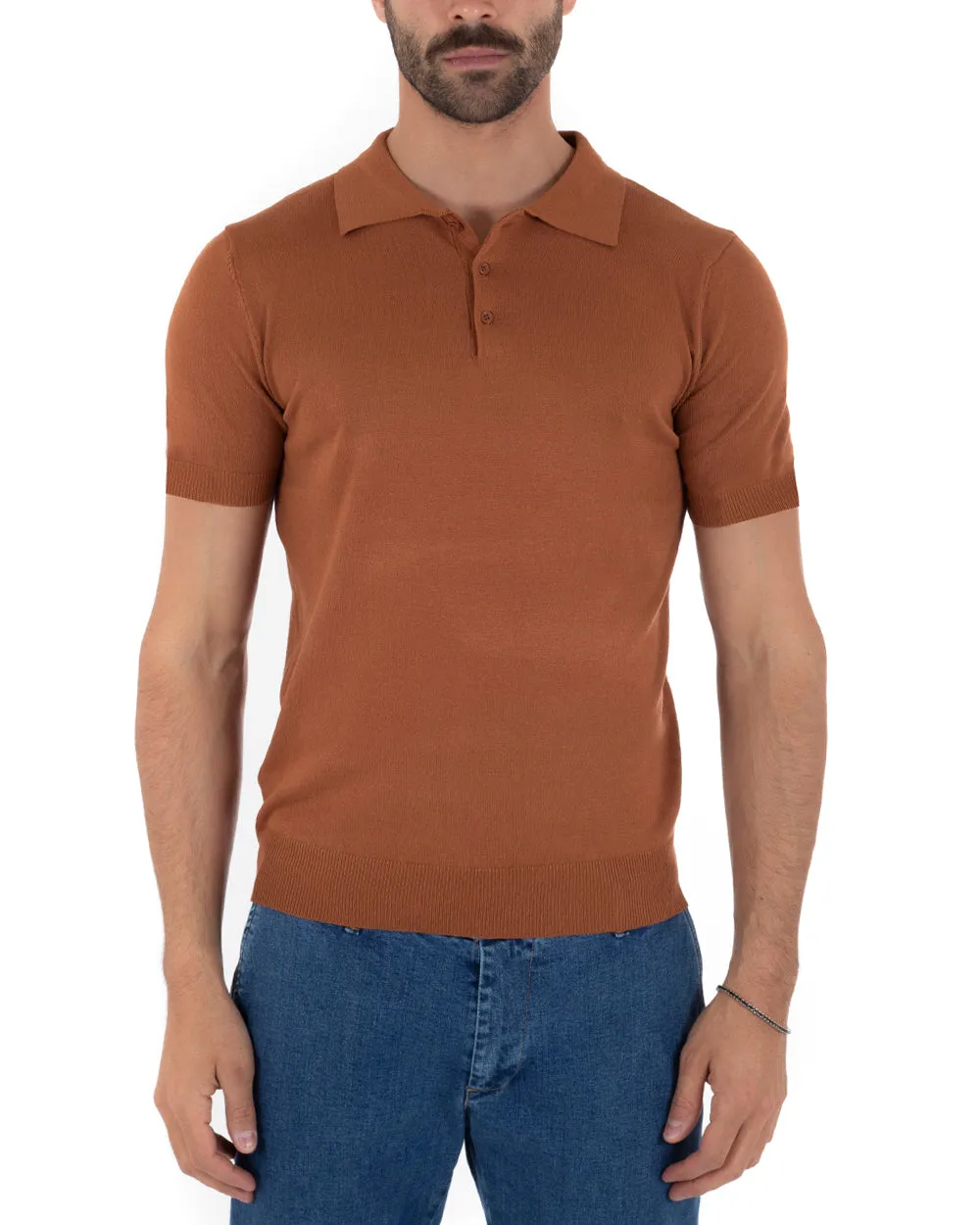 Polo Filo Uomo T-Shirt Manica Corta Con Colletto Bottoni Tinta Unita Ruggine Casual GIOSAL-TS2637A