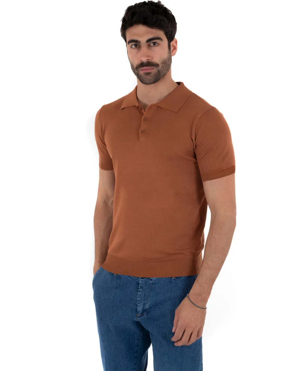 Polo Filo Uomo T-Shirt Manica Corta Con Colletto Bottoni Tinta Unita Ruggine Casual GIOSAL-TS2637A