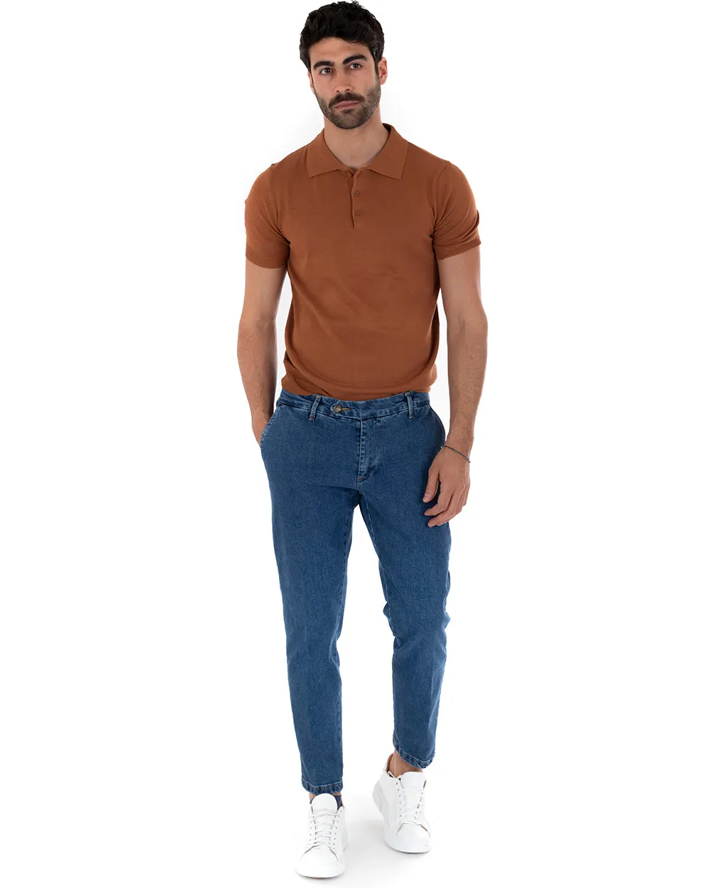 Polo Filo Uomo T-Shirt Manica Corta Con Colletto Bottoni Tinta Unita Ruggine Casual GIOSAL-TS2637A