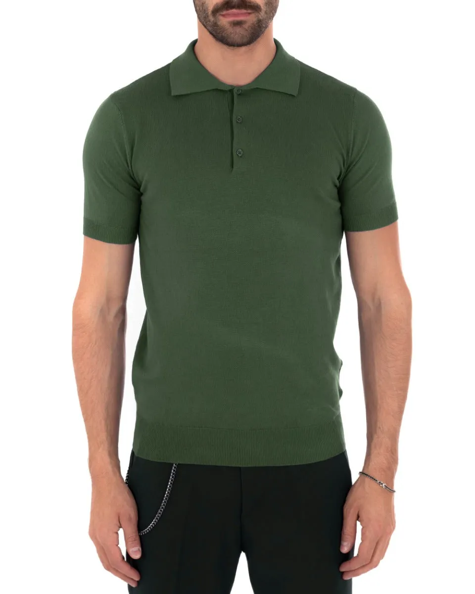 Polo Filo Uomo T-Shirt Manica Corta Con Colletto Bottoni Tinta Unita Verde Casual GIOSAL-TS2777A