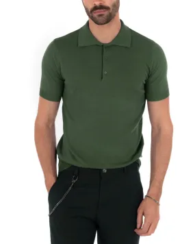 Polo Filo Uomo T-Shirt Manica Corta Con Colletto Bottoni Tinta Unita Verde Casual GIOSAL-TS2777A