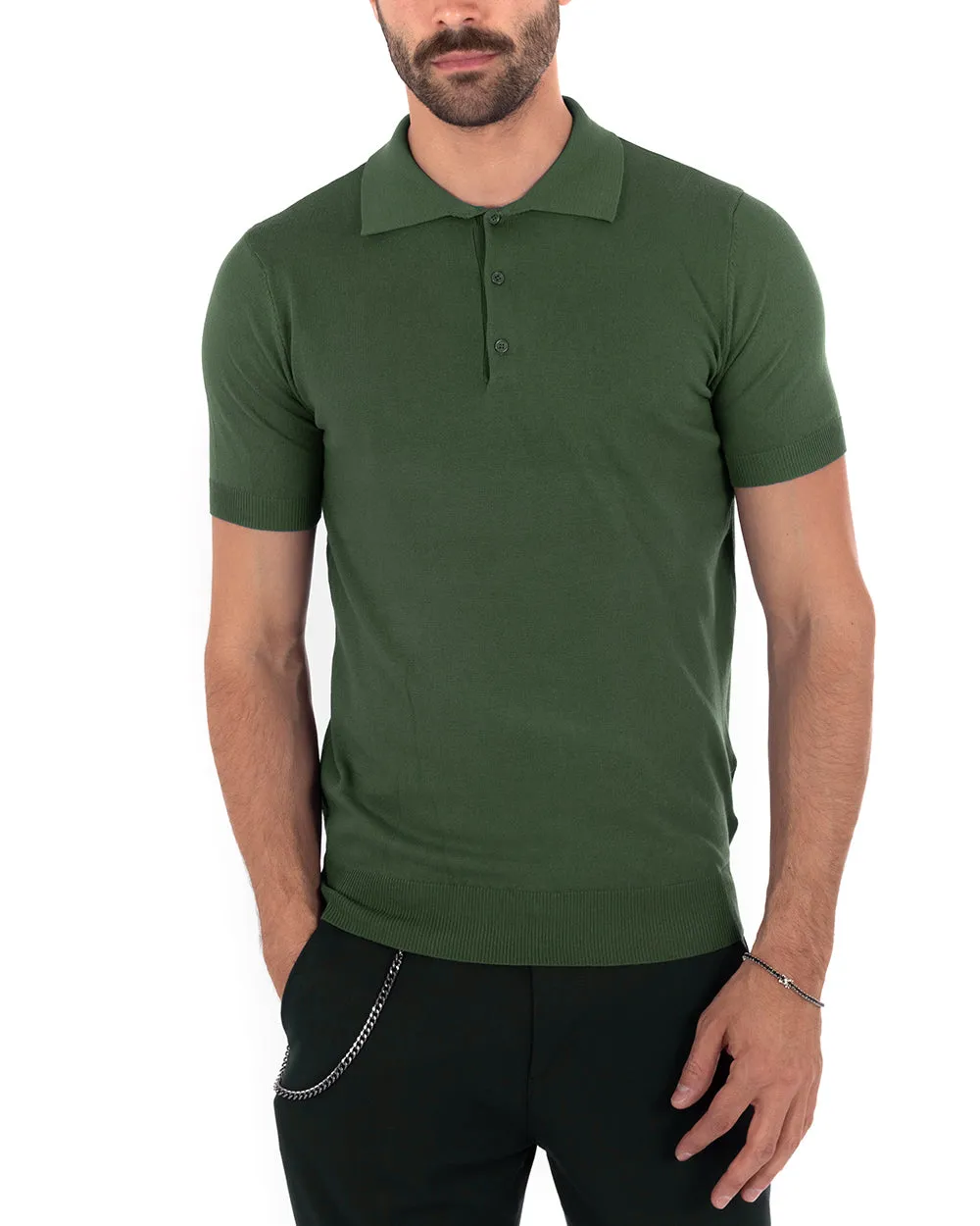 Polo Filo Uomo T-Shirt Manica Corta Con Colletto Bottoni Tinta Unita Verde Casual GIOSAL-TS2777A