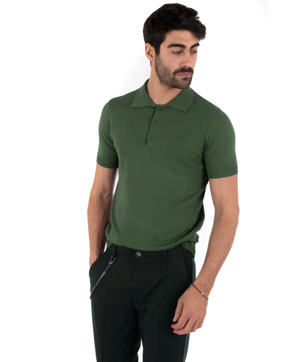 Polo Filo Uomo T-Shirt Manica Corta Con Colletto Bottoni Tinta Unita Verde Casual GIOSAL-TS2777A