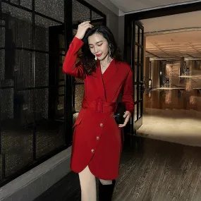 Red Long Sleeve Belted Blazer Sheath Dress