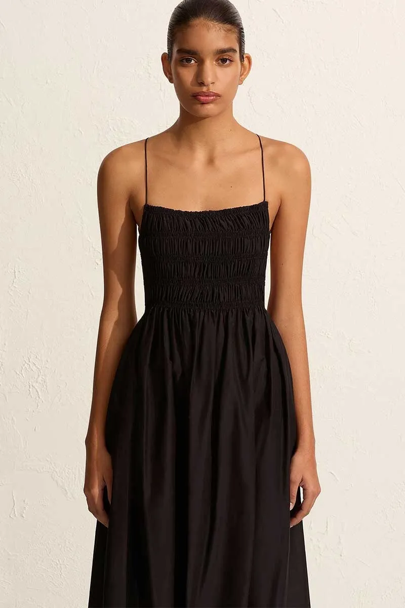 SHIRRED LACE UP DRESS-BLACK