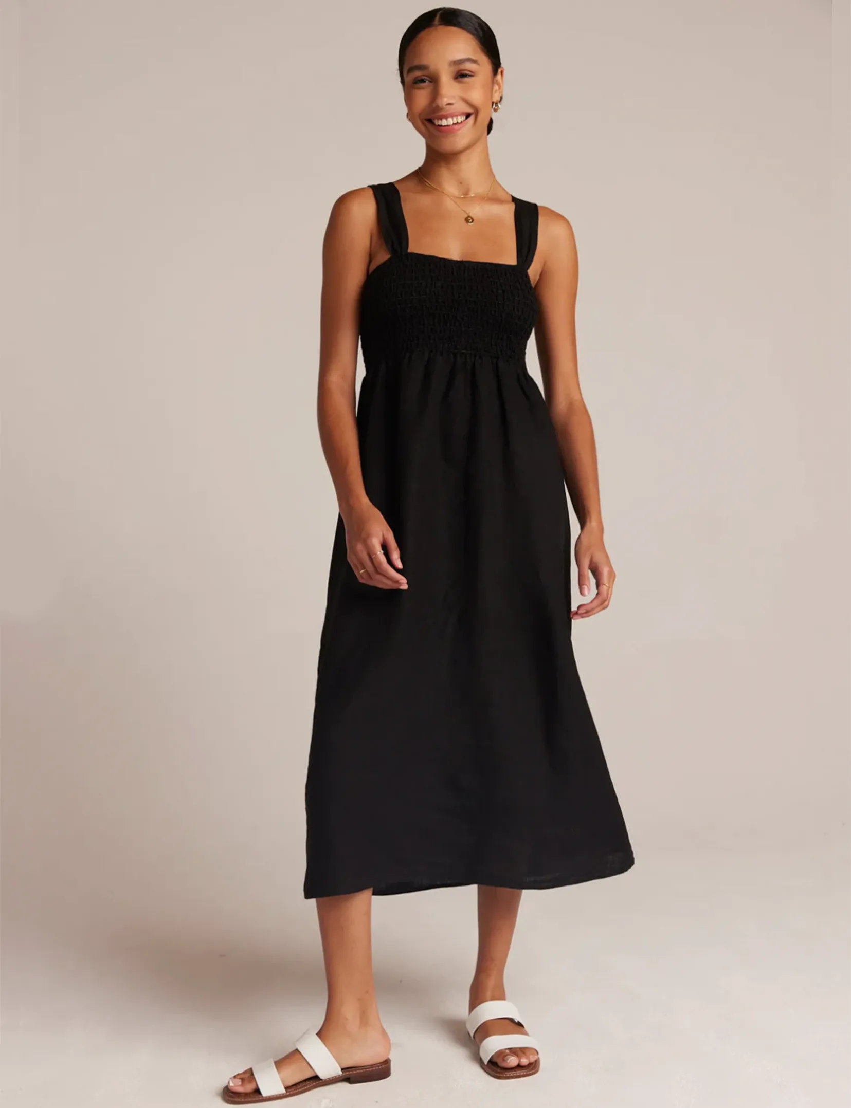 Smocked Bodice Midi Dress, Black