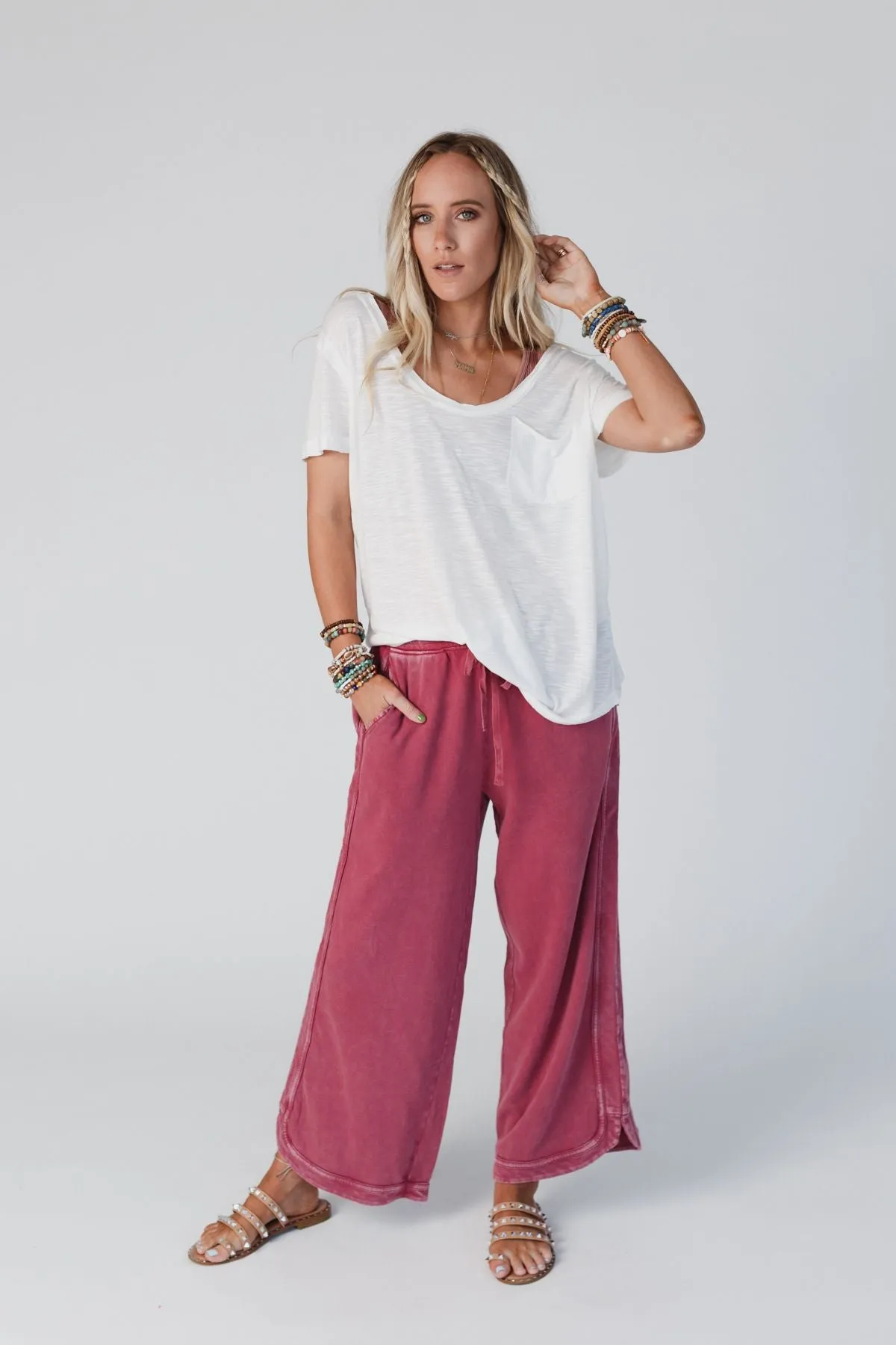 So Comfy Wide Leg Pant Cropped Length - Burgundy