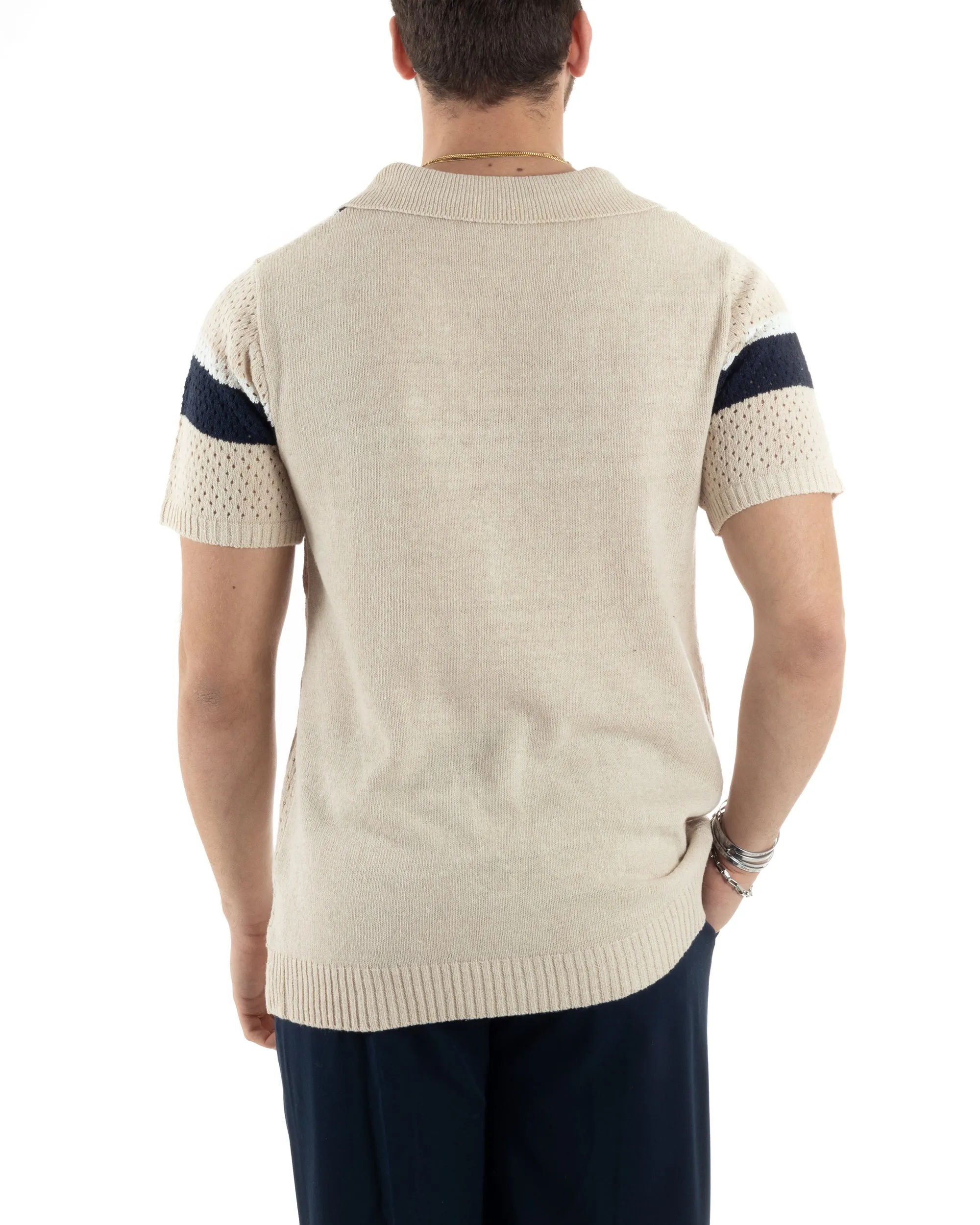 T-shirt Uomo Maglia Polo Traforata Ricamata Cardigan Manica Corta Con Bottoni Beige Casual GIOSAL-TS2988A