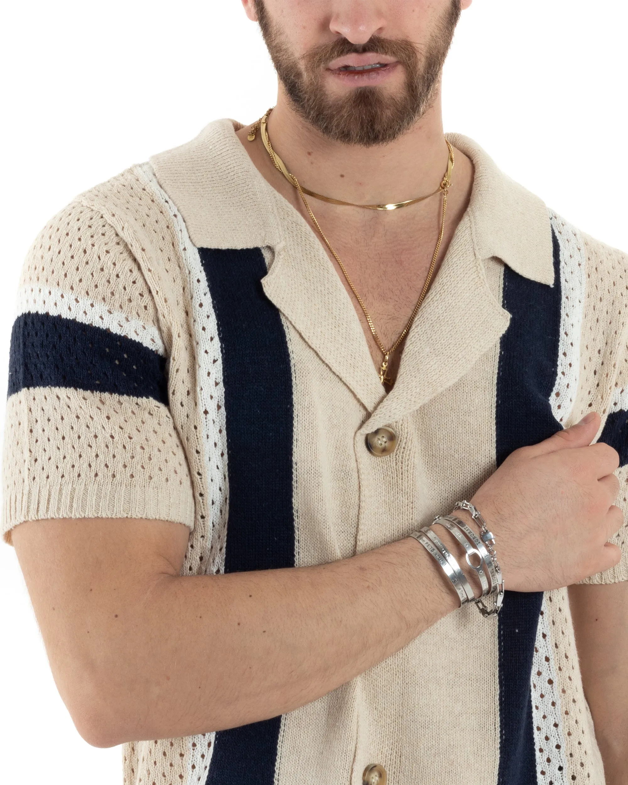 T-shirt Uomo Maglia Polo Traforata Ricamata Cardigan Manica Corta Con Bottoni Beige Casual GIOSAL-TS2988A