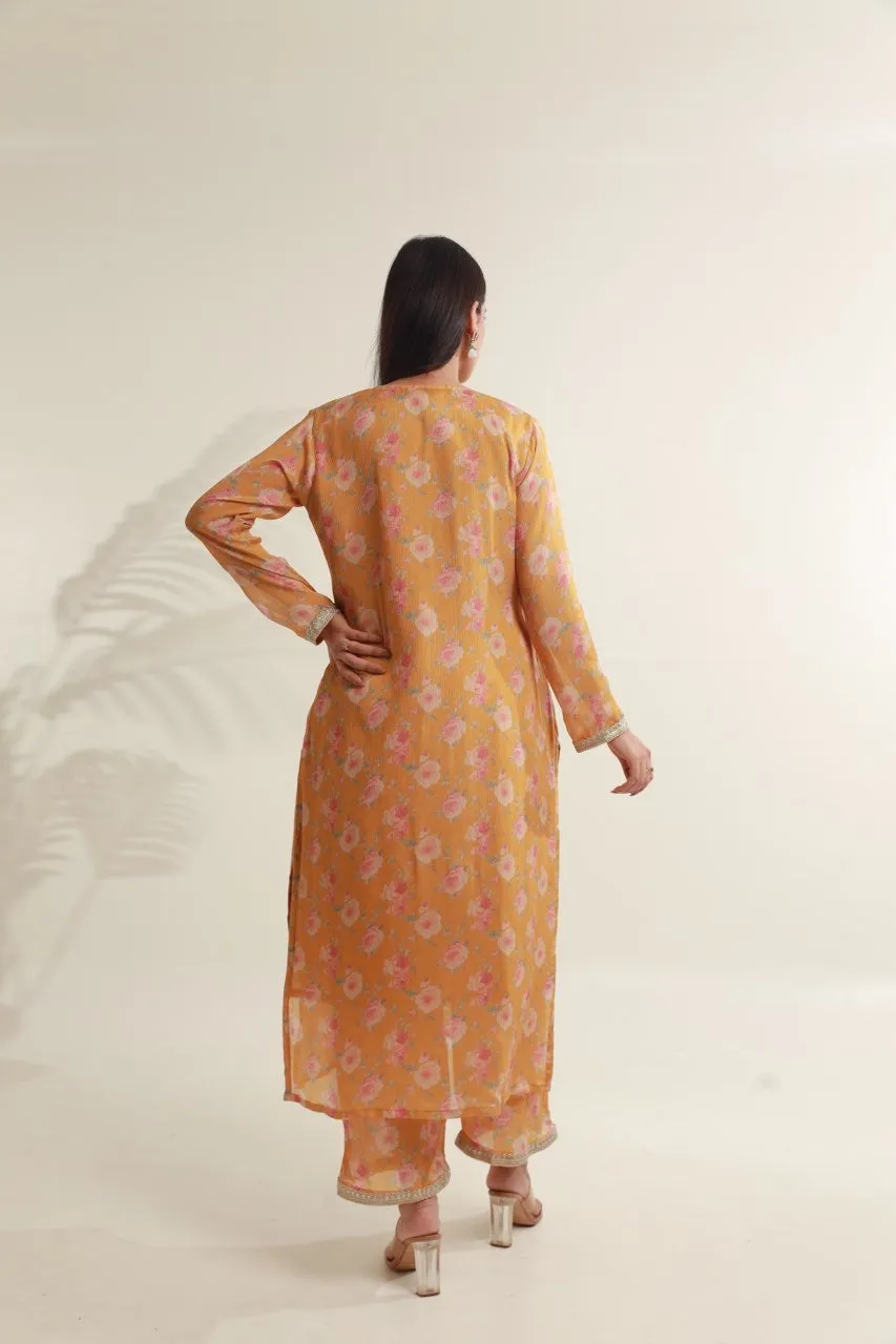 Yellow  floral digital print viscose chinon kurta set