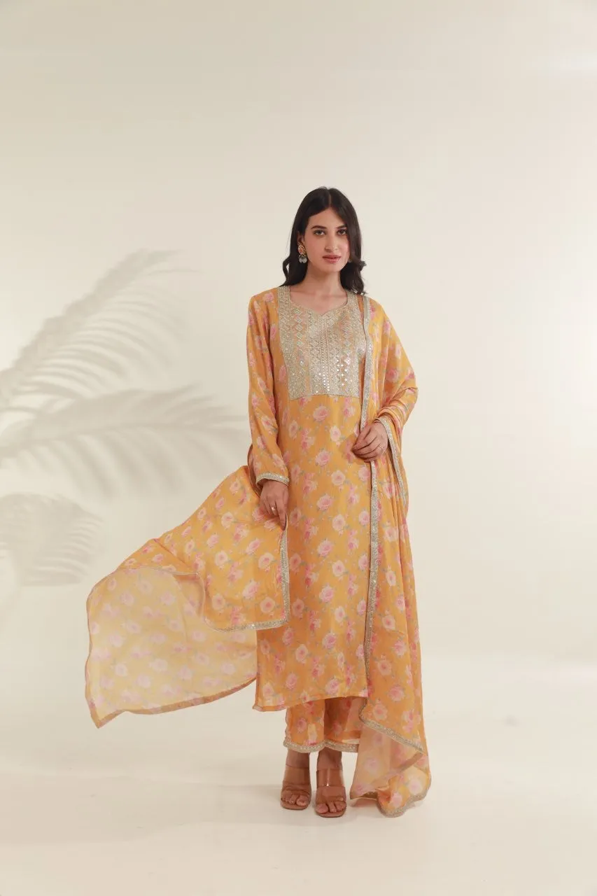 Yellow  floral digital print viscose chinon kurta set