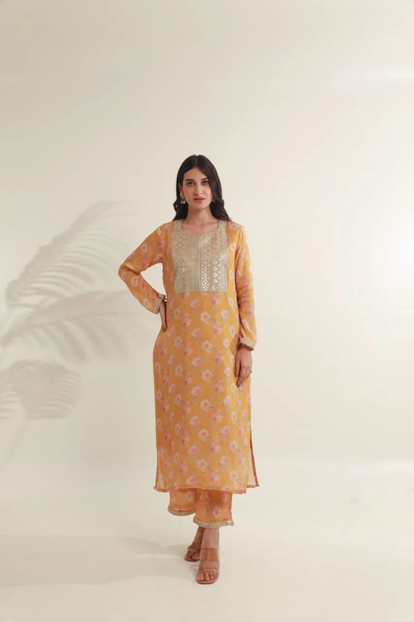 Yellow  floral digital print viscose chinon kurta set