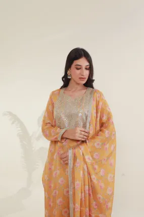 Yellow  floral digital print viscose chinon kurta set