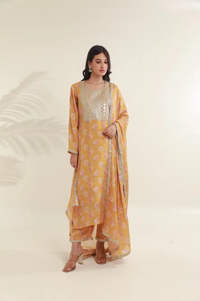 Yellow  floral digital print viscose chinon kurta set